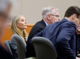 Actress Gwyneth Paltrow sits in court in Park City, Utah. Terry Sanderson is suing the actress for $300,000, claiming she recklessly crashed into him while the two were skiing on a beginner run at Deer Valley Resort in 2016.