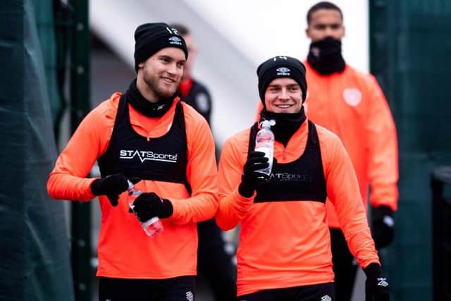 Hearts' Australian duo Nathaniel Atkinson and Cameron Devlin - but only one is part of Graham Arnold's Soccerroos squad. (Photo by Mark Scates / SNS Group)