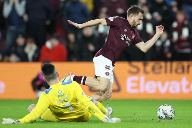 Hearts' Alan Forrest goes down in the box before being shown a yellow card for diving in the 2-2 draw with Ross County. His manager was adamant it should have been a penalty. Photo by Roddy Scott / SNS Group
