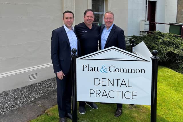 Christopher Friel, John Denham and Philip Friel, pictured after agreeing on the deal for the historic Platt & Common dental clinic in Stirling.