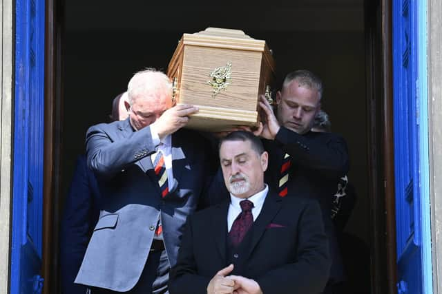 Ally McCoist and Danny Goram carry the coffin of Rangers legend Andy Goram at Welllington Church in Glasgow. Picture: Rob Casey/SNS Group