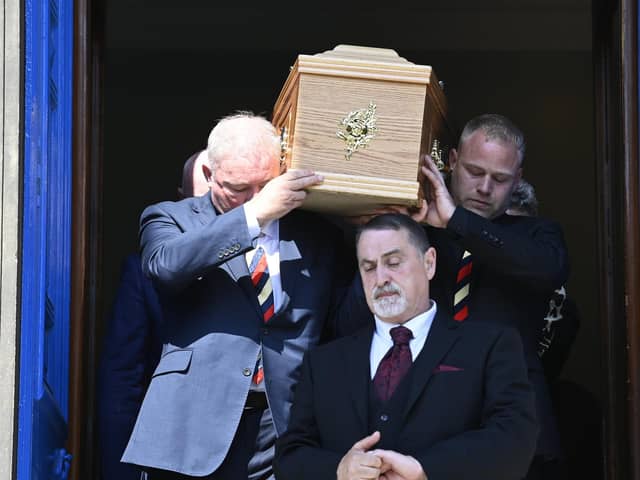 Ally McCoist and Danny Goram carry the coffin of Rangers legend Andy Goram at Welllington Church in Glasgow. Picture: Rob Casey/SNS Group