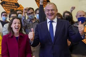 Liberal Democrat leader Ed Davey and new Liberal Democrat MP for Chesham and Amersham, Sarah Green, during a victory rally at Chesham Youth Centre, Chesham