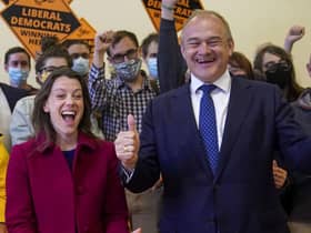 Liberal Democrat leader Ed Davey and new Liberal Democrat MP for Chesham and Amersham, Sarah Green, during a victory rally at Chesham Youth Centre, Chesham