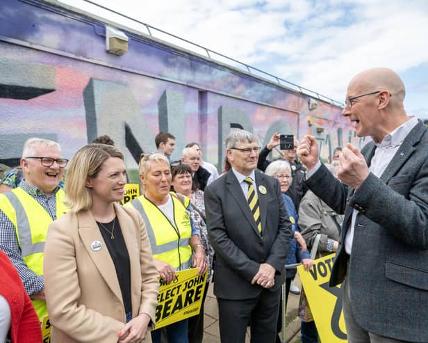 First Minister John Swinney campaigning with Education Secretary Jenny Gilruth and David Torrance MSP.