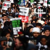 Pro-Palestinian activists and supporters wave flags and carry placards on a march through London on Saturday. Photo: HENRY NICHOLLS / AFP