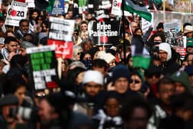 Pro-Palestinian activists and supporters wave flags and carry placards on a march through London on Saturday. Photo: HENRY NICHOLLS / AFP