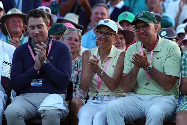 Blake Smith, left, pictured with Scottie Scheffler's parents at the Green Jacket Ceremony for the 88th Masters, manages both Scheffler and Martin Laird. Picture: Maddie Meyer/Getty Images.