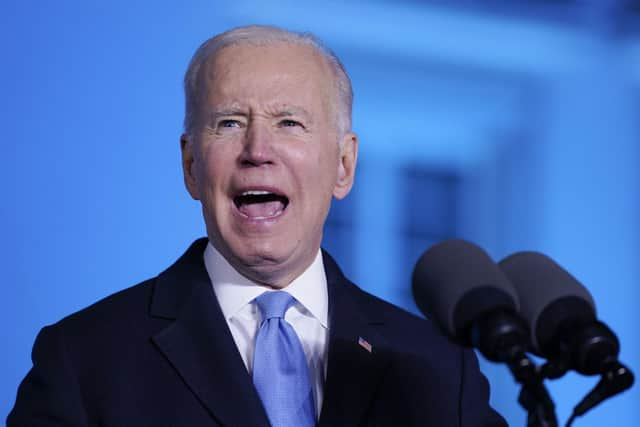 President Joe Biden delivers a speech about the Russian invasion of Ukraine, at the Royal Castle, Saturday, March 26, 2022, in Warsaw. (AP Photo/Evan Vucci)