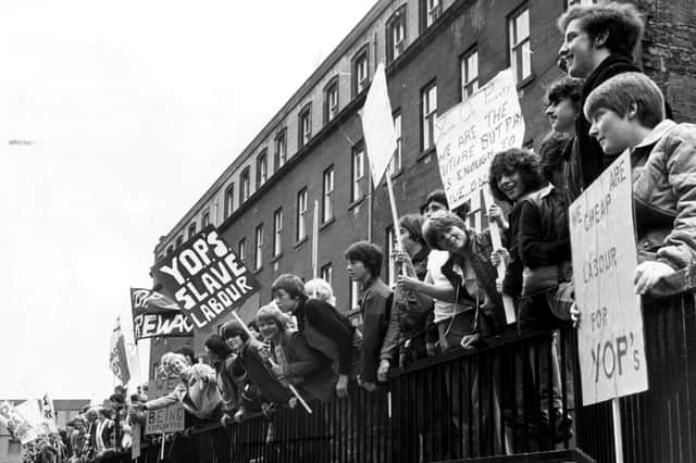 Young unemployed people demonstrate outside St Andrew’s House in Edinburgh about the Youth Opportunities Programme in June 1981 (Picture: Dennis Straughan)