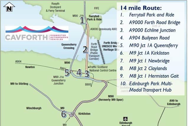 The planned autonomous bus route linking Ferrytoll via the Forth Road Bridge, M90, M9 and M8 with Edinburgh Park. Picture: Transport Scotland