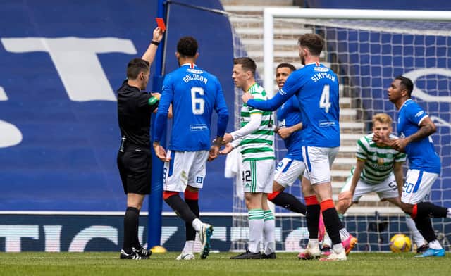 Celtic are reduced to 10 men with Callum McGrgor picking up two yellow cards inside six minutes during the last derby. (Photo by Craig Williamson / SNS Group)