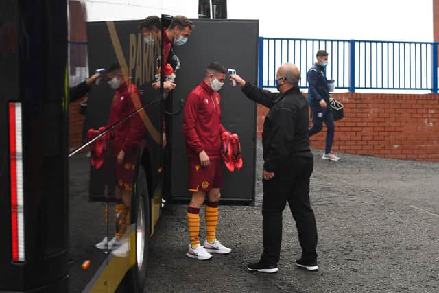 Motherwell's on-loan winger Jake Hastie arrives at Ibrox before the delayed pre-season friendly against his parent club, Rangers.