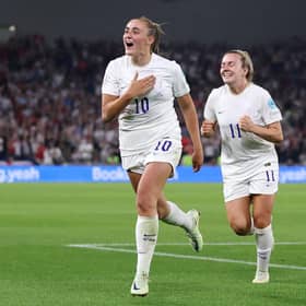 Georgia Stanway of England celebrates after scoring their team's second goal during the UEFA Women's Euro 2022 Quarter Final. (Photo by Naomi Baker/Getty Images)