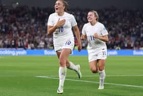 Georgia Stanway of England celebrates after scoring their team's second goal during the UEFA Women's Euro 2022 Quarter Final. (Photo by Naomi Baker/Getty Images)