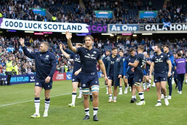 Captain Jamie Ritchie leads the players around Murrayfield after the win over Georgia, Scotland's final match before the Rugby World Cup in France. (Photo by Craig Williamson / SNS Group)