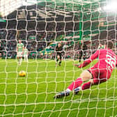 Celtic's Giorgos Giakoumakis has his penalty saved by Livingston's Max Stryjek in the dramatic conclusion to the scoreless draw that kept Ange Postecoglou's men off the top spot in the table. (Photo by Alan Harvey / SNS Group)
