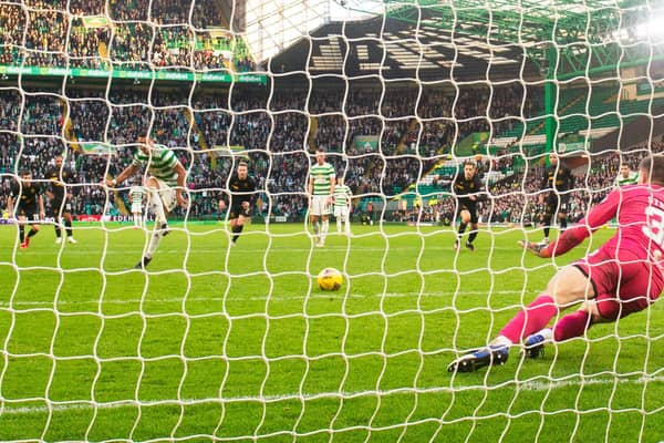 Celtic's Giorgos Giakoumakis has his penalty saved by Livingston's Max Stryjek in the dramatic conclusion to the scoreless draw that kept Ange Postecoglou's men off the top spot in the table. (Photo by Alan Harvey / SNS Group)
