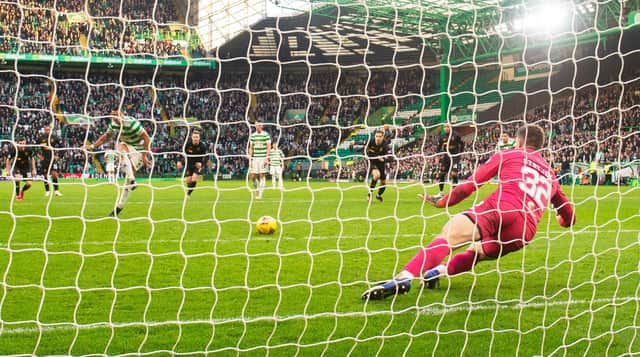 Celtic's Giorgos Giakoumakis has his penalty saved by Livingston's Max Stryjek in the dramatic conclusion to the scoreless draw that kept Ange Postecoglou's men off the top spot in the table. (Photo by Alan Harvey / SNS Group)