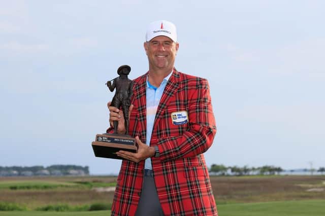 Stewart Cink poses with the trophy after winning the RBC Heritage at Harbour Town Golf Links in Hilton Head Island, South Carolina. Picture: Sam Greenwood/Getty Images.
