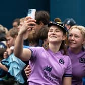 Helen Nelson and Lana Skeldon at full time after Scotland's win over Ireland.