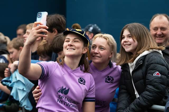 Helen Nelson and Lana Skeldon at full time after Scotland's win over Ireland.