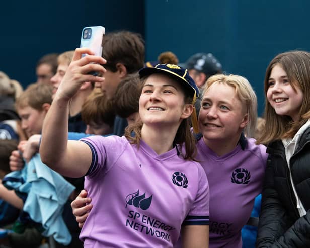 Helen Nelson and Lana Skeldon at full time after Scotland's win over Ireland.
