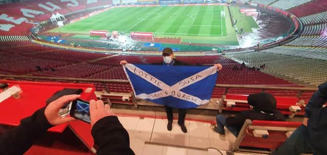 Gordon was the sole Scottish fan to witness th national team beat Serbia to make the Euro 2020 finals