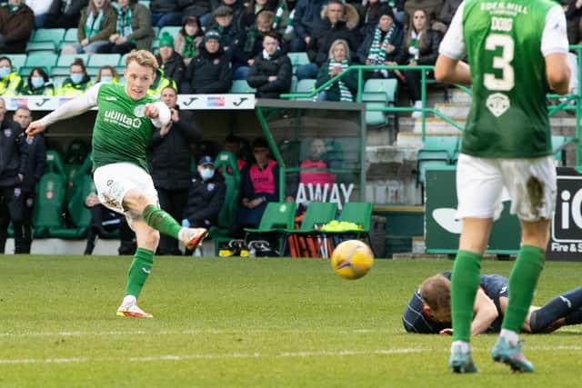 Hibs' Jake Doyle-Hayes strikes to make it 1-0 to Hibs.
