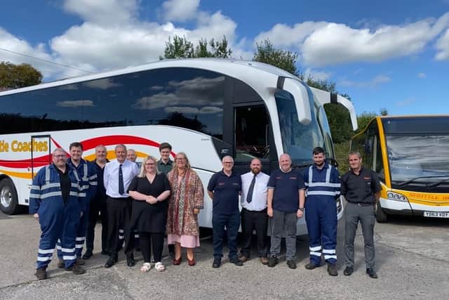The team at Kilwinning-based Shuttle Buses - all 70 employees have been given a stake in the business. Picture: contributed.