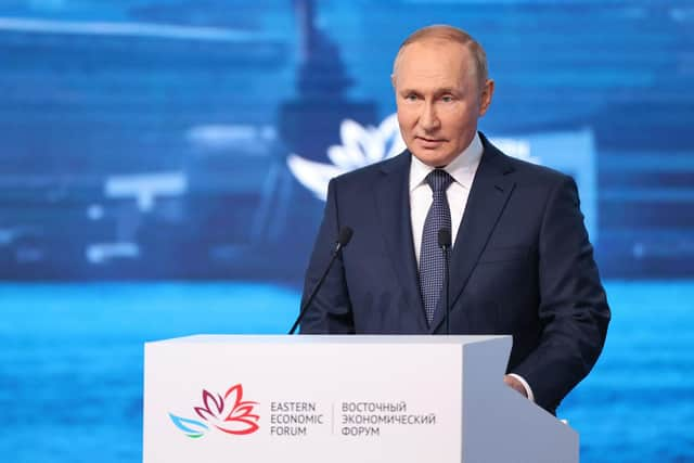 Russian President Vladimir Putin addresses the Eastern Economic Forum in Vladivostok on September 7, 2022. (Photo by Sergei BOBYLYOV / SPUTNIK / AFP) (Photo by SERGEI BOBYLYOV/SPUTNIK/AFP via Getty Images)