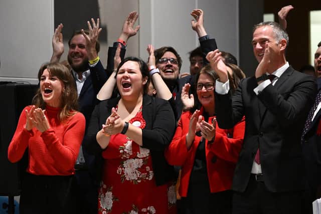 Labour supporters celebrate at the Mid Bedfordshire election count. Image: Justin Tallis/AFP/Getty Images.
