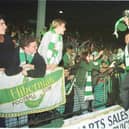 Hibs goalkeeper John Burridge shows the Skol Cup to fans after the team returned to Easter Road following the 1991 victory over Dunfermline at Hampden (PHOTOGRAPHER ALAN LEGERWOOD)