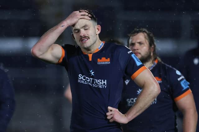 Frustration for Edinburgh stand-off Blair Kinghorn following the 16-10 defeat by Ulster at the DAM Health Stadium. (Photo by Craig Williamson / SNS Group)