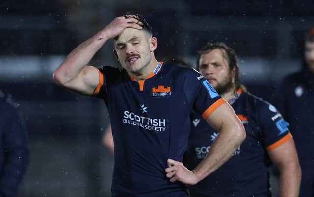 Frustration for Edinburgh stand-off Blair Kinghorn following the 16-10 defeat by Ulster at the DAM Health Stadium.  (Photo by Craig Williamson / SNS Group)