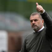 Ange Postecoglou gestures to the Celtic fans at Tannadice after the 9-0 win over Dundee United. (Photo by Paul Devlin / SNS Group)