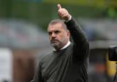 Ange Postecoglou gestures to the Celtic fans at Tannadice after the 9-0 win over Dundee United. (Photo by Paul Devlin / SNS Group)