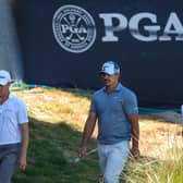 Justin Thomas, Brooks Koepka and Rory McIlroy walk to the 17th green during the first round of the 2021 PGA Championship at Kiawah Island Resort's Ocean Course in Kiawah Island, South Carolina. Picture: Stacy Revere/Getty Images.