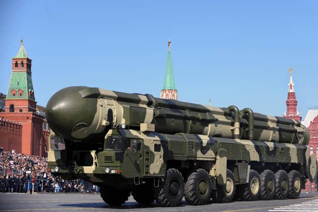 A Russian Topol-M intercontinental ballistic missile is paraded through Moscow's Red Square (Picture: Dmitry Kostyukov/AFP via Getty Images)