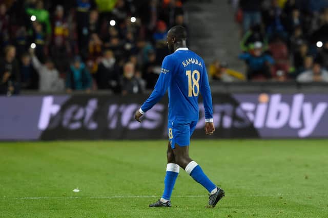 Rangers midfielder Glen Kamara leaves the pitch after being sent off in the 74th minute of the Scottish champions' Europa League defeat against Sparta Prague at the Letna Stadium. (Photo by MICHAL CIZEK/AFP via Getty Images)