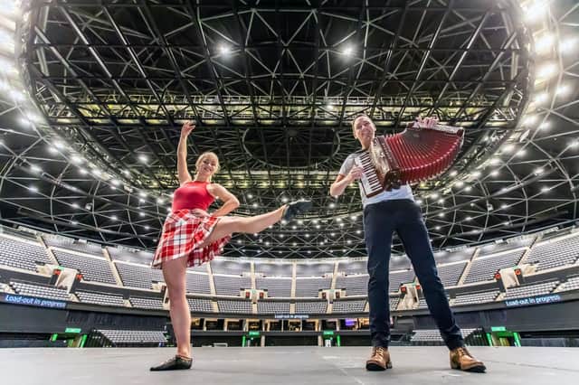 Dancer Rachel McLagan and musician Gary Innes launch the Hoolie in the Hydro event. Picture: Elaine Livingstone