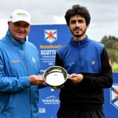 Paul Lawrie presents the to Javier Sainz after the Spaniard's win in the Farmfoods Scottish Challenge supported by The R&A at Newmachar. Picture: Mark Runnacles/Getty Images.