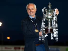 Queen's Park manager Ray McKinnon celebrates winning the Scottish League Two Title at the Falkirk Stadium, on April 29, 2021. (Photo by Ross MacDonald / SNS Group)