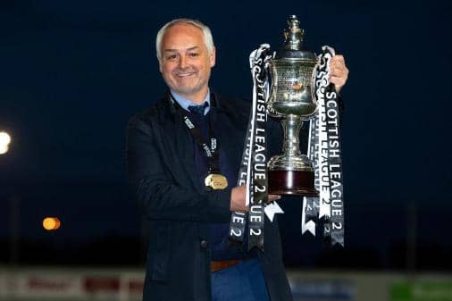 Queen's Park manager Ray McKinnon celebrates winning the Scottish League Two Title at the Falkirk Stadium, on April 29, 2021. (Photo by Ross MacDonald / SNS Group)