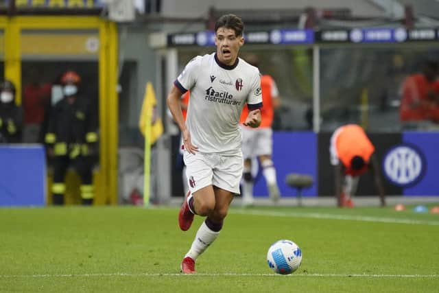Aaron Hickey has been in fine form for Bologna . (Photo by Pier Marco Tacca/Getty Images)