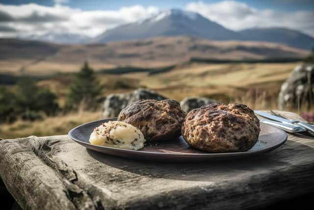 Traditional Scottish haggis, neeps, and tatties served on a rustic wooden table with the rugged landscape of the Scottish Highlands in the background.