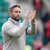Hibs manager Lee Johnson applauds the home fans after the 3-1 win over Aberdeen. (Photo by Paul Devlin / SNS Group)