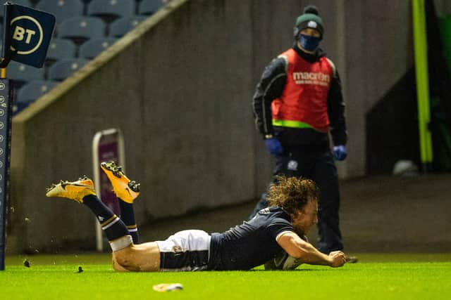 Scotland's Hamish Watson scores against Georgia.