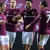 Andy Halliday (L) celebrates with teammates after scoring Hearts' sixth goal in 6-2 win over Dundee on Friday night (Photo by Ross Parker / SNS Group)