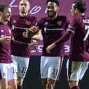 Andy Halliday (L) celebrates with teammates after scoring Hearts' sixth goal in 6-2 win over Dundee on Friday night (Photo by Ross Parker / SNS Group)